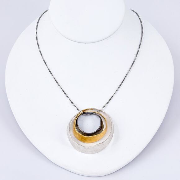 Vintage PZ Israel Sterling Silver 3 Circle Gold Plated Pendant Necklace 31.5" - Picture 1 of 7